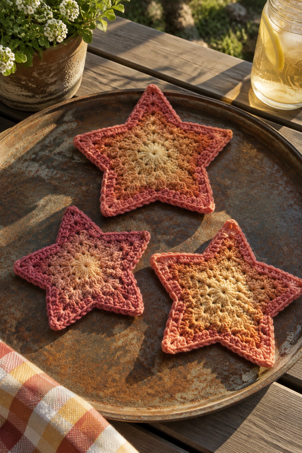 Three crocheted star coasters in sunset hues on a rusty tray with lemonade.