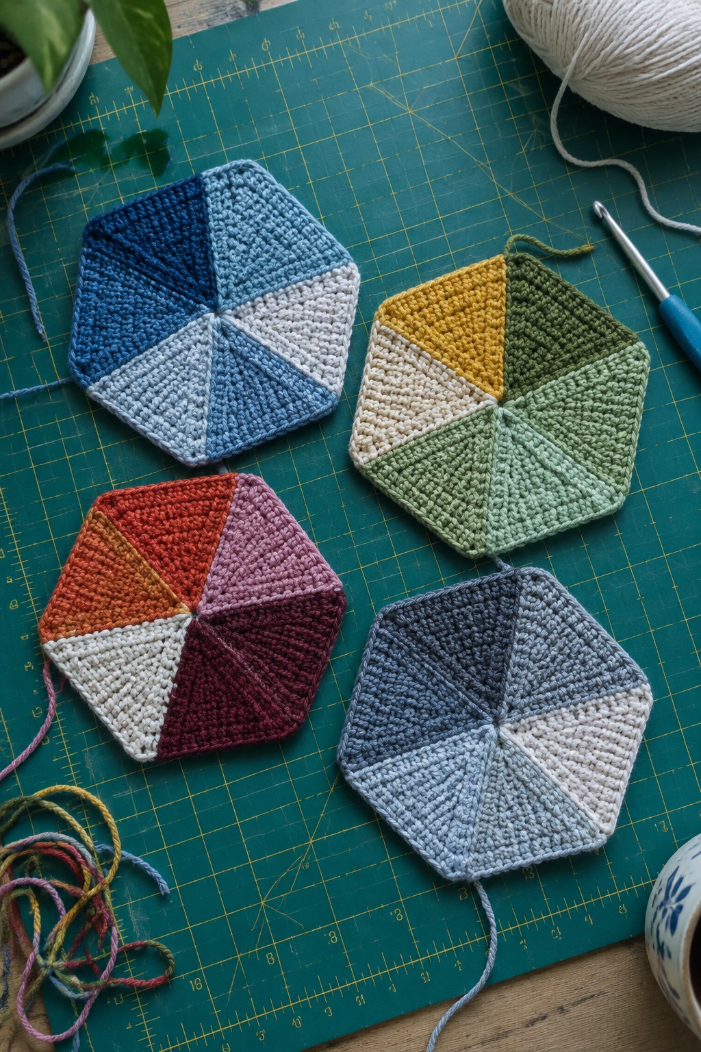 Four colorful crocheted hexagons on green gridded mat with hook and yarn.