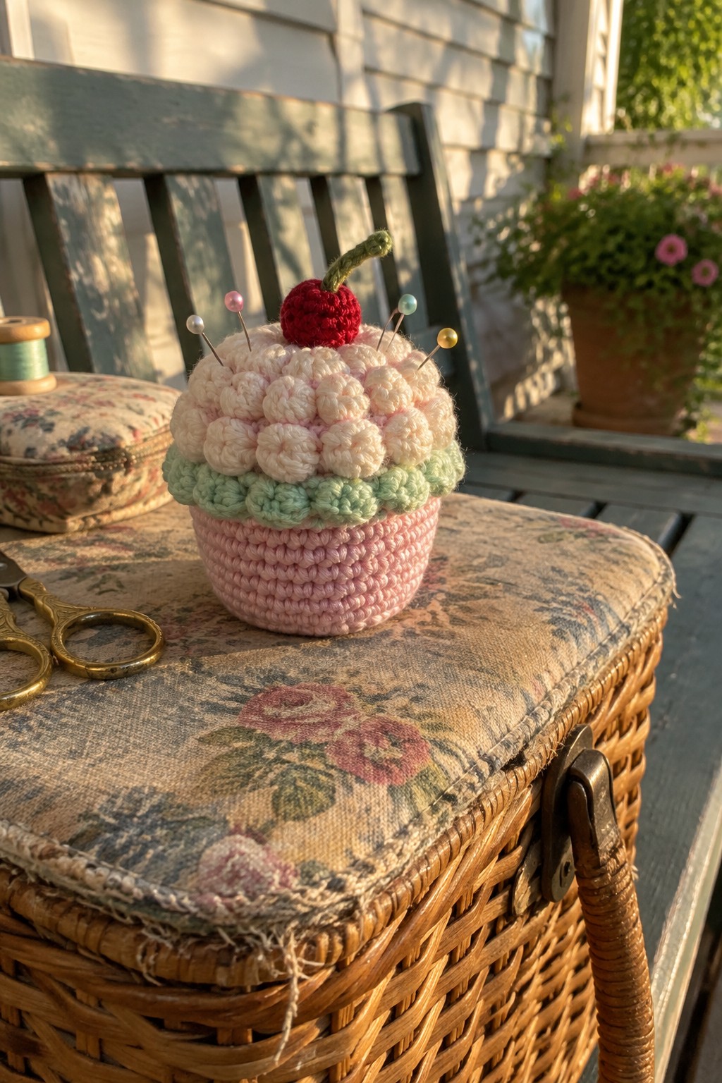 Crocheted pink cupcake pincushion with red cherry and pins on floral wicker basket