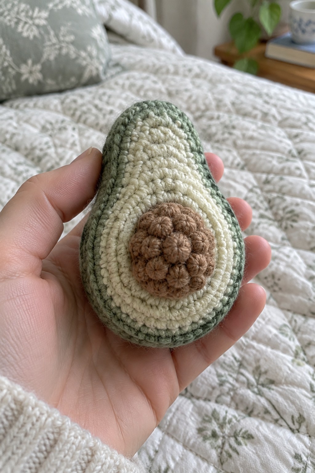 Hand holding crocheted avocado with green, cream, and brown layers over quilted bed.