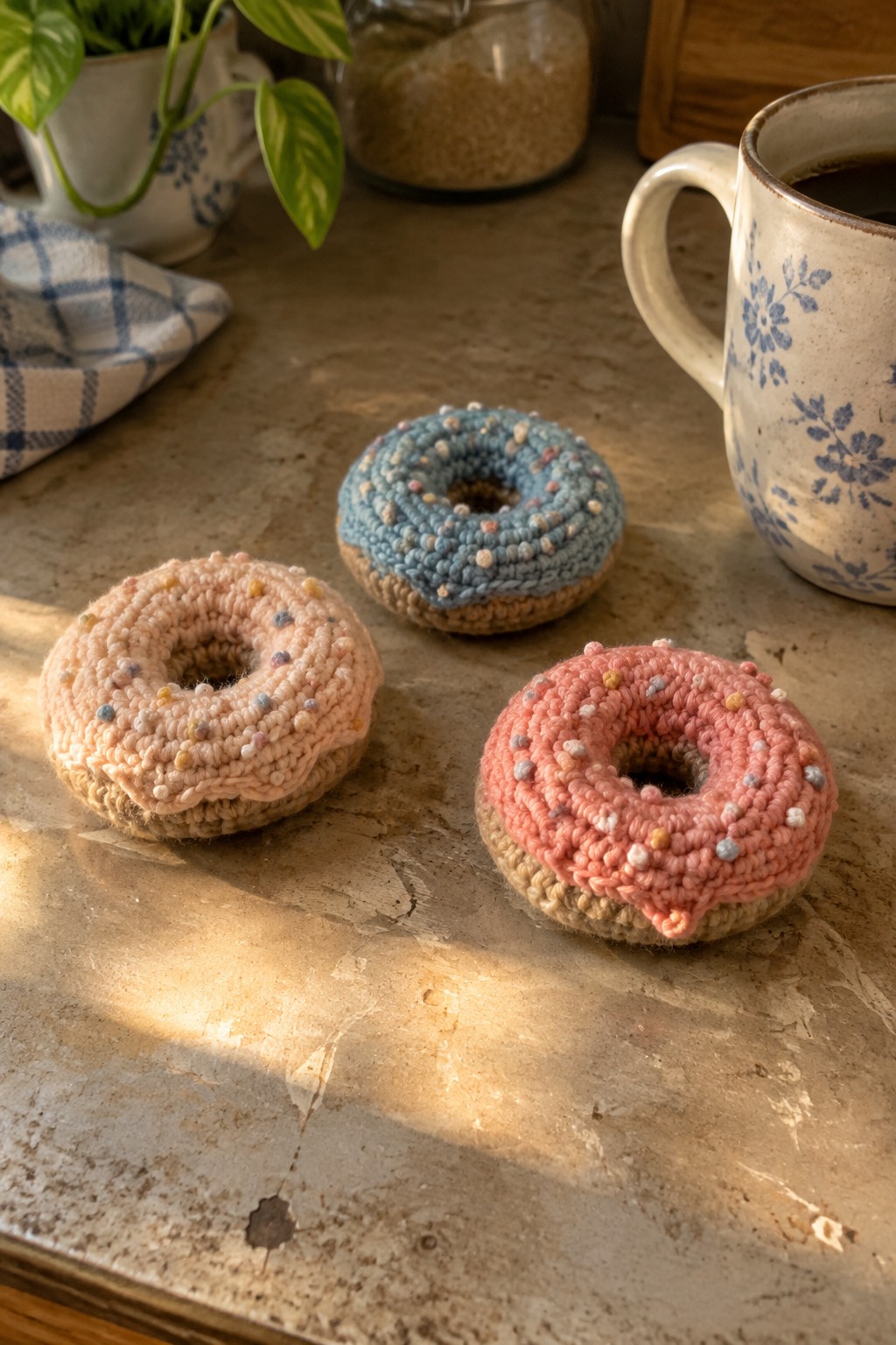 Three pastel crocheted donuts with sprinkles beside floral mug on wooden table