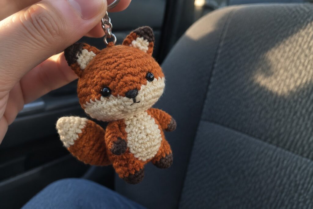 20 Quick Crochet Projects for Small Gifts and Weekend Making Hand holding crocheted orange fox keychain with white accents and metal ring