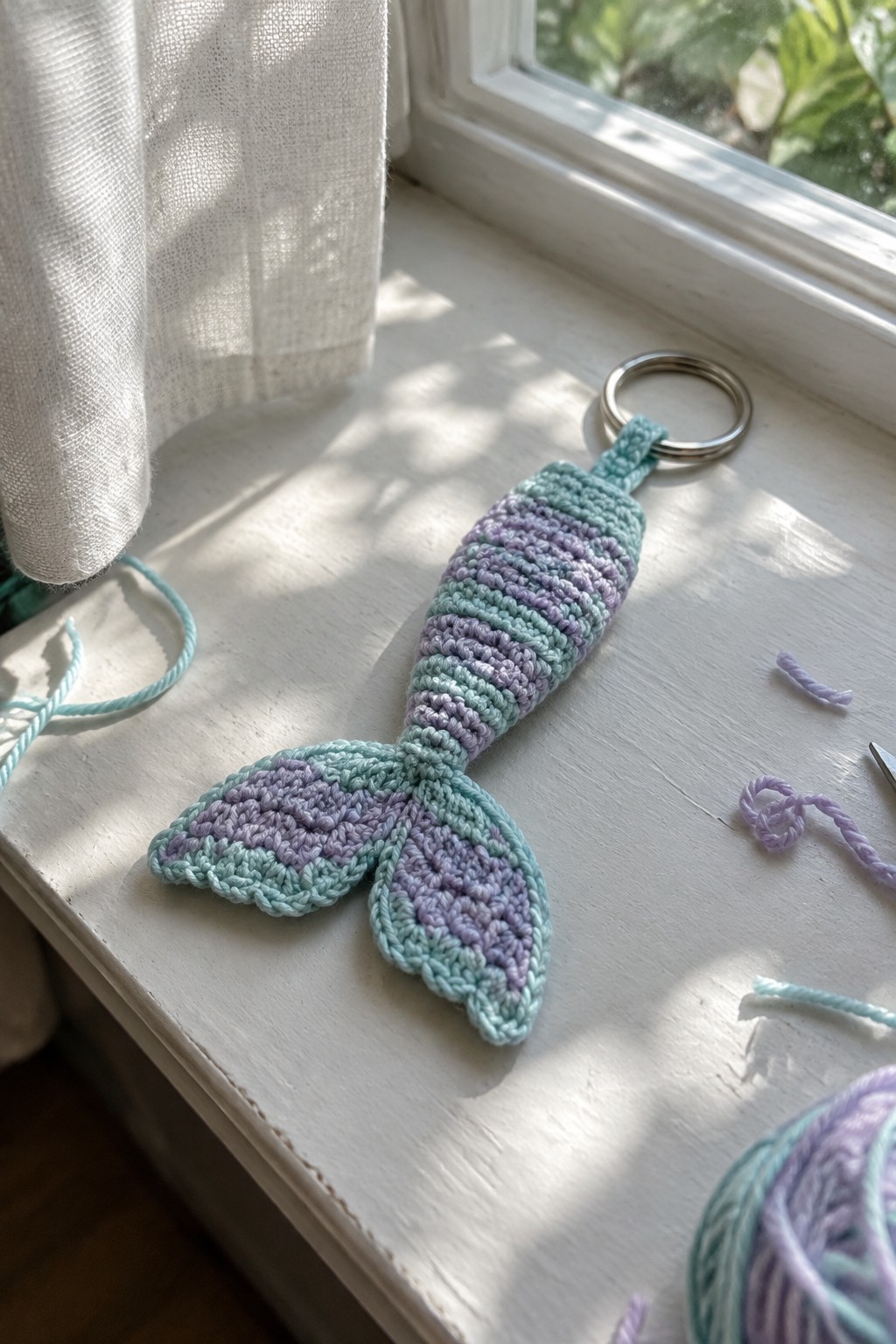 Crocheted mermaid tail keychain in mint green and purple on white windowsill