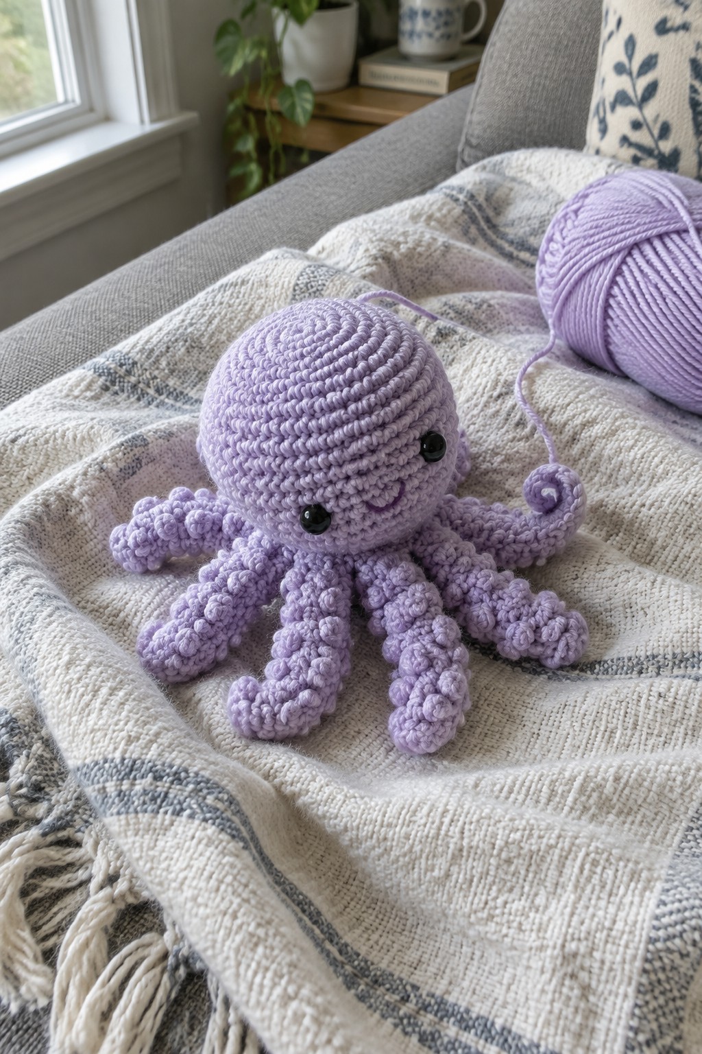 A small purple crocheted octopus with black eyes and curled tentacles sits on a woven blanket next to a ball of purple yarn.