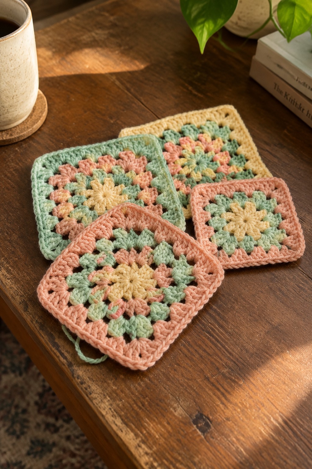 Three pastel crocheted granny squares on a sunlit wooden table with coffee mug.