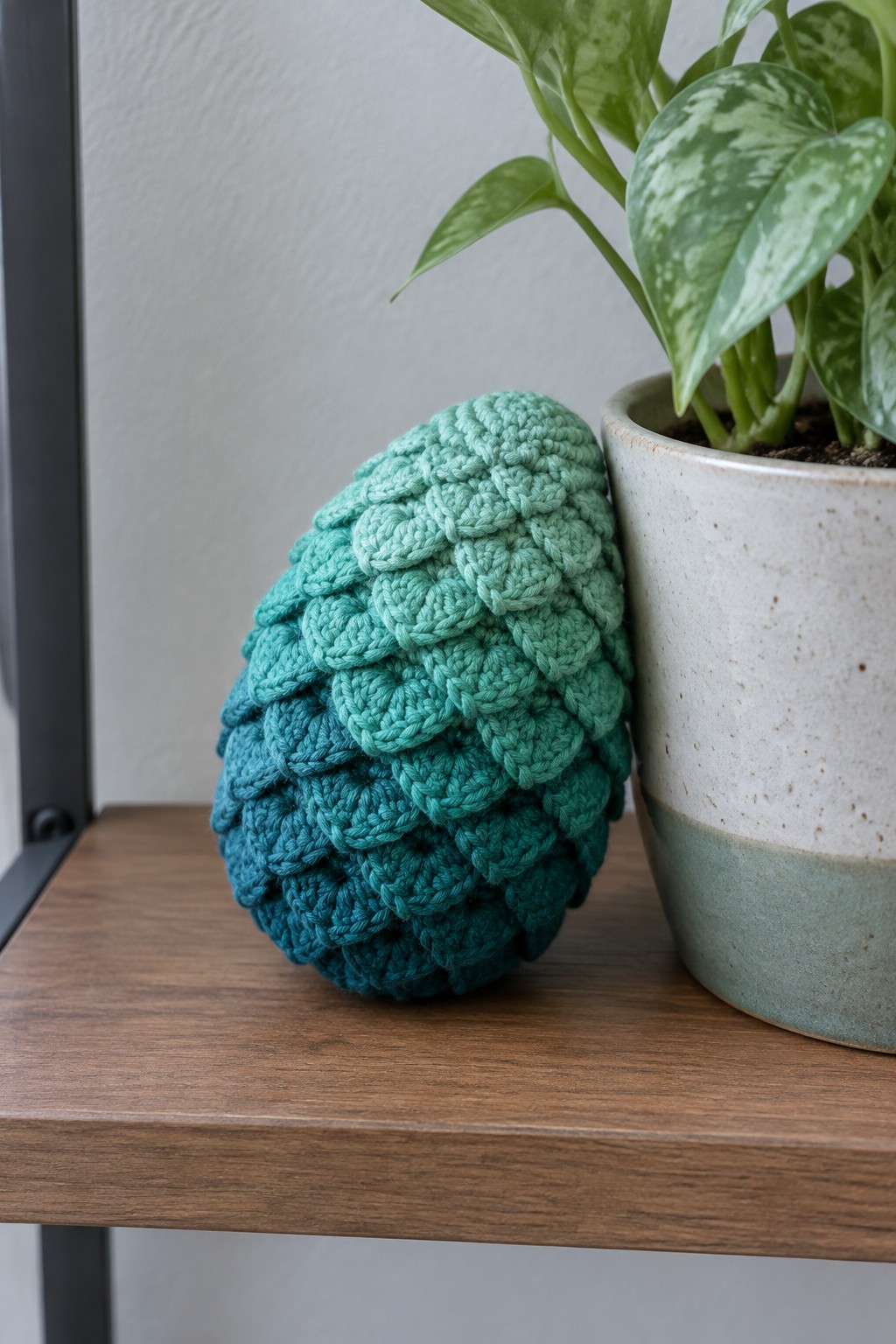 Teal crocheted scale-patterned egg beside potted plant on wooden shelf