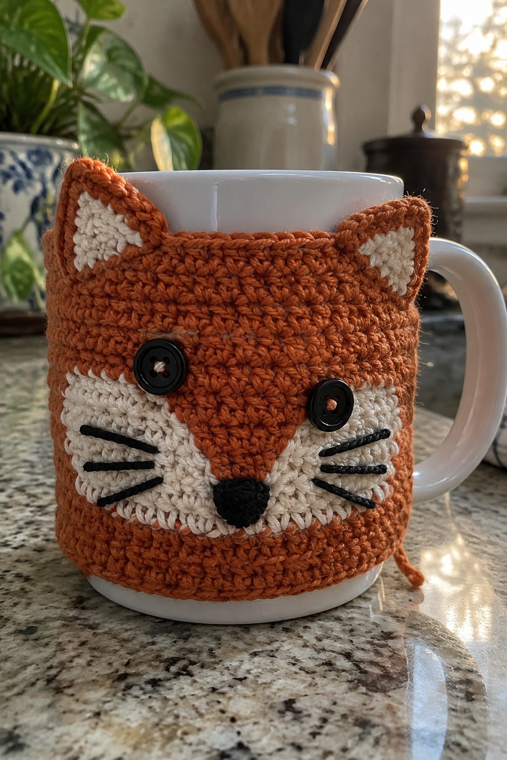 Knitted orange fox cozy with white muzzle, button eyes, and whiskers on mug