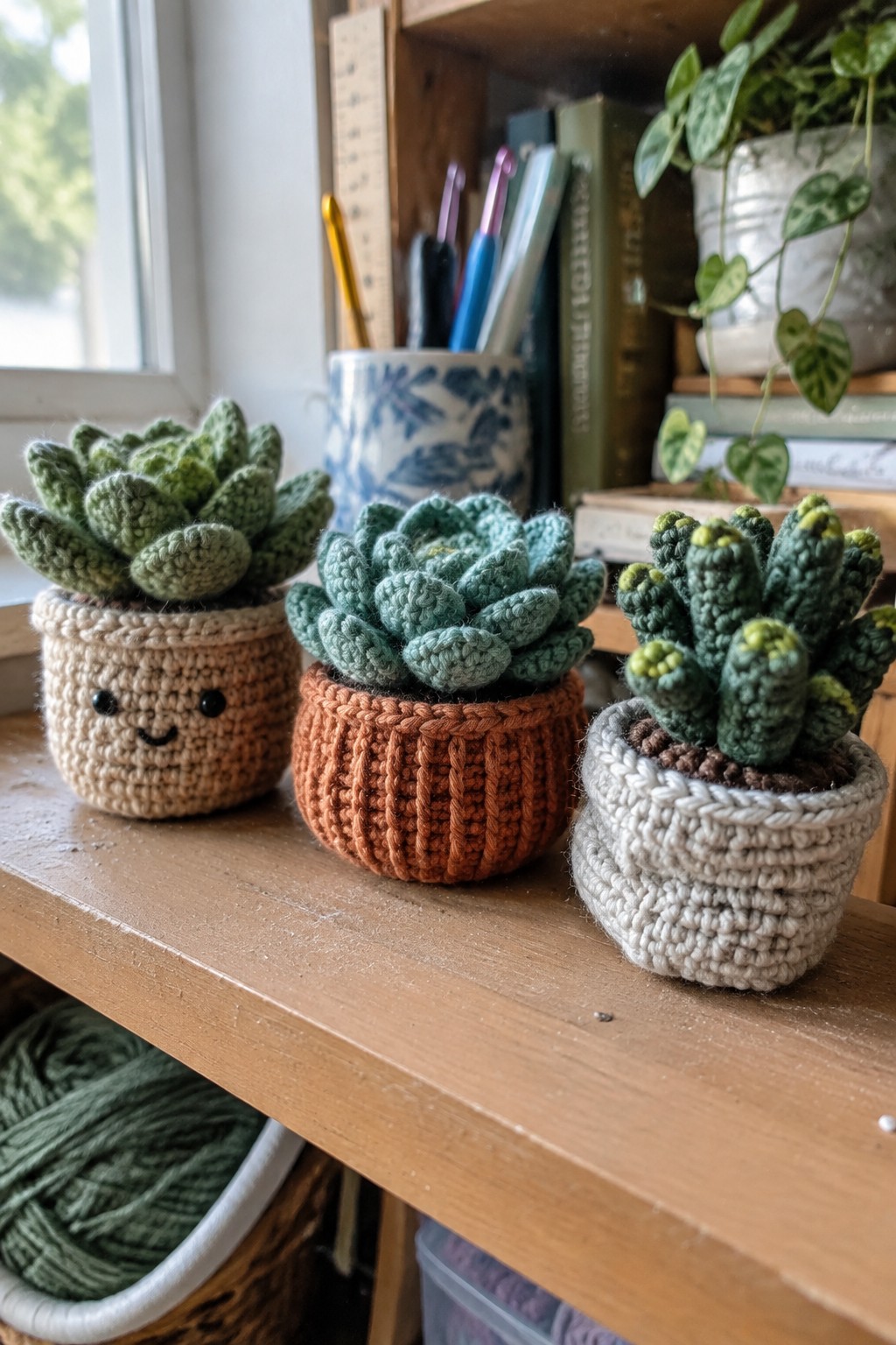 Three crocheted succulents in beige, orange, and white pots on wood
