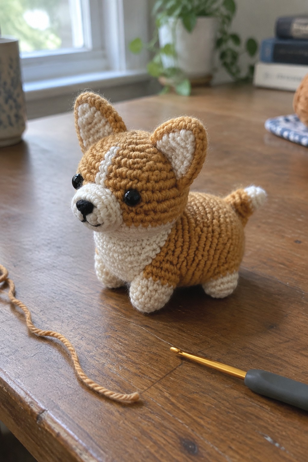 A small crocheted corgi dog figurine sitting on a wooden table with a crochet hook and yarn nearby.