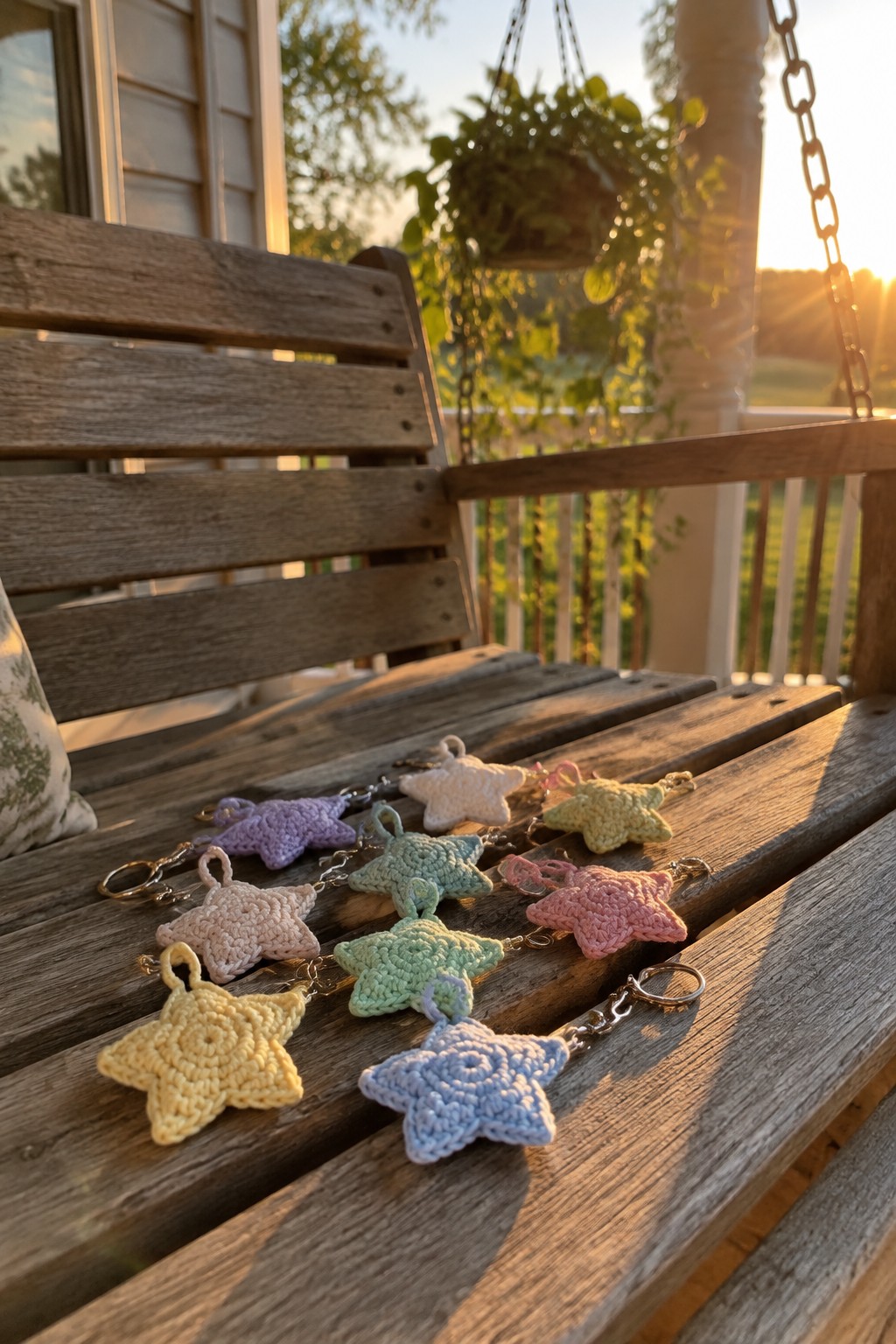 Multicolored crocheted star keychains lined on wooden porch swing at sunset.