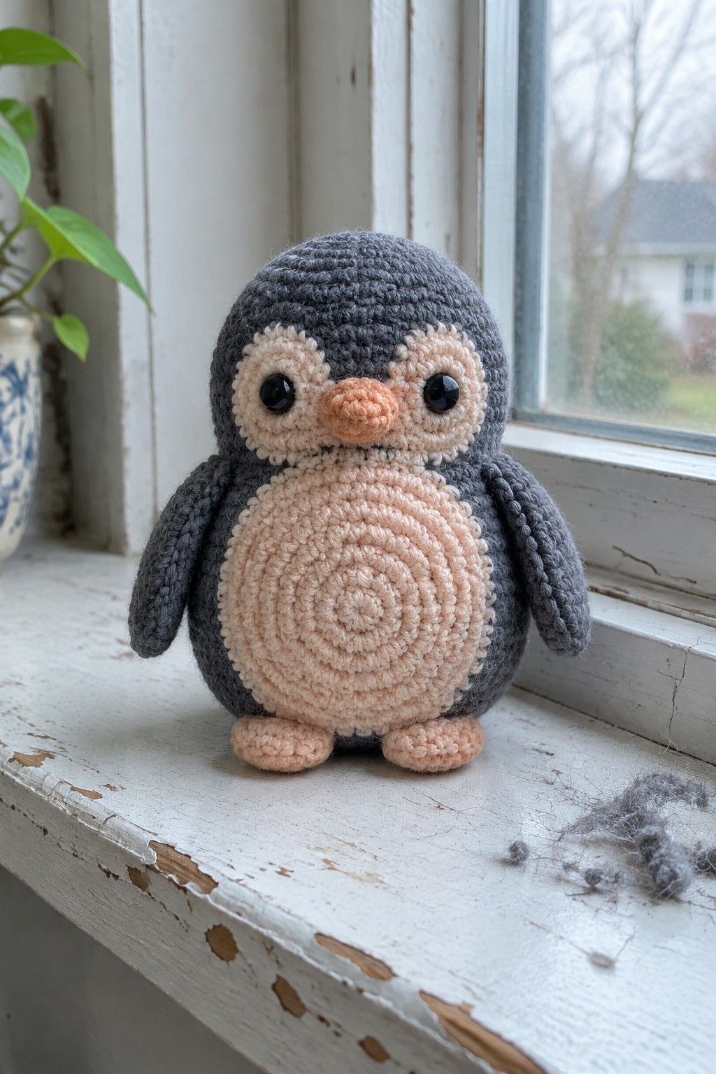 A small crocheted penguin toy with gray body, beige spiral belly, orange beak, and black eyes placed on a windowsill.