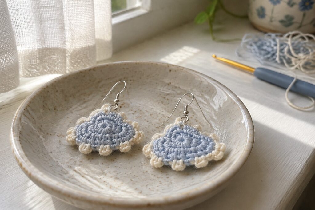 20 Stylish Crochet Jewelry Using Lightweight Thread and Simple Motifs Blue and white crocheted cloud earrings on a floral ceramic plate with yarn nearby