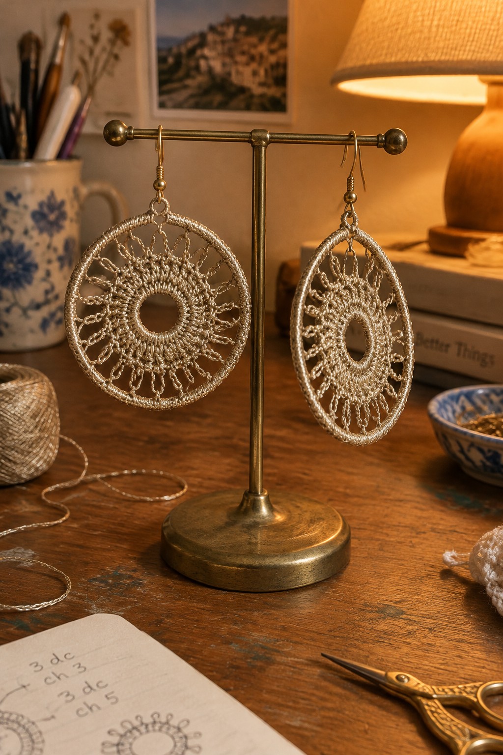 Ornate silver crocheted earrings on brass stand amid craft supplies on wooden table.