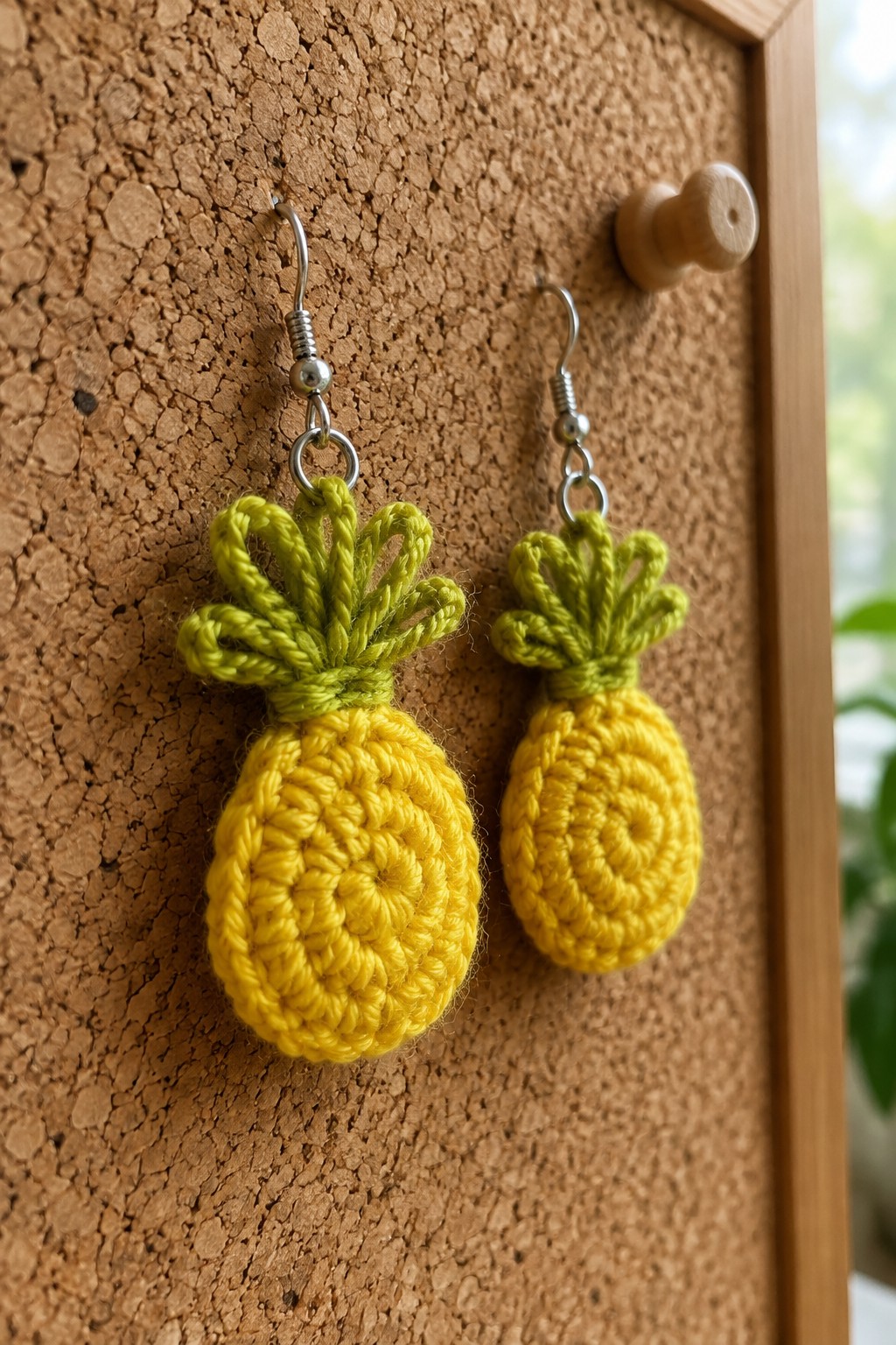 Yellow crocheted pineapple earrings with green tops hang on corkboard