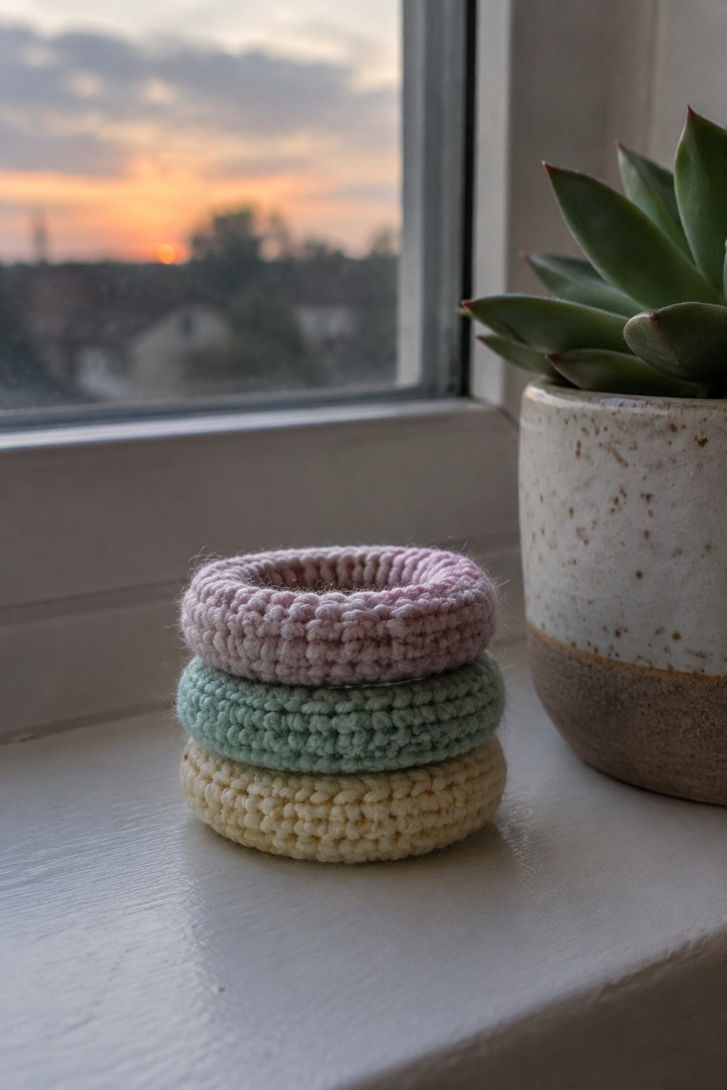 Three crocheted bangles in pink, mint green, and pale yellow stacked on a windowsill beside a potted succulent.