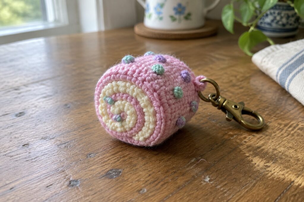 21 Swiss Roll Crochet Keychain Ideas With Colorful Cake Layers Pink crocheted Swiss roll keychain with pastel dots on wooden table
