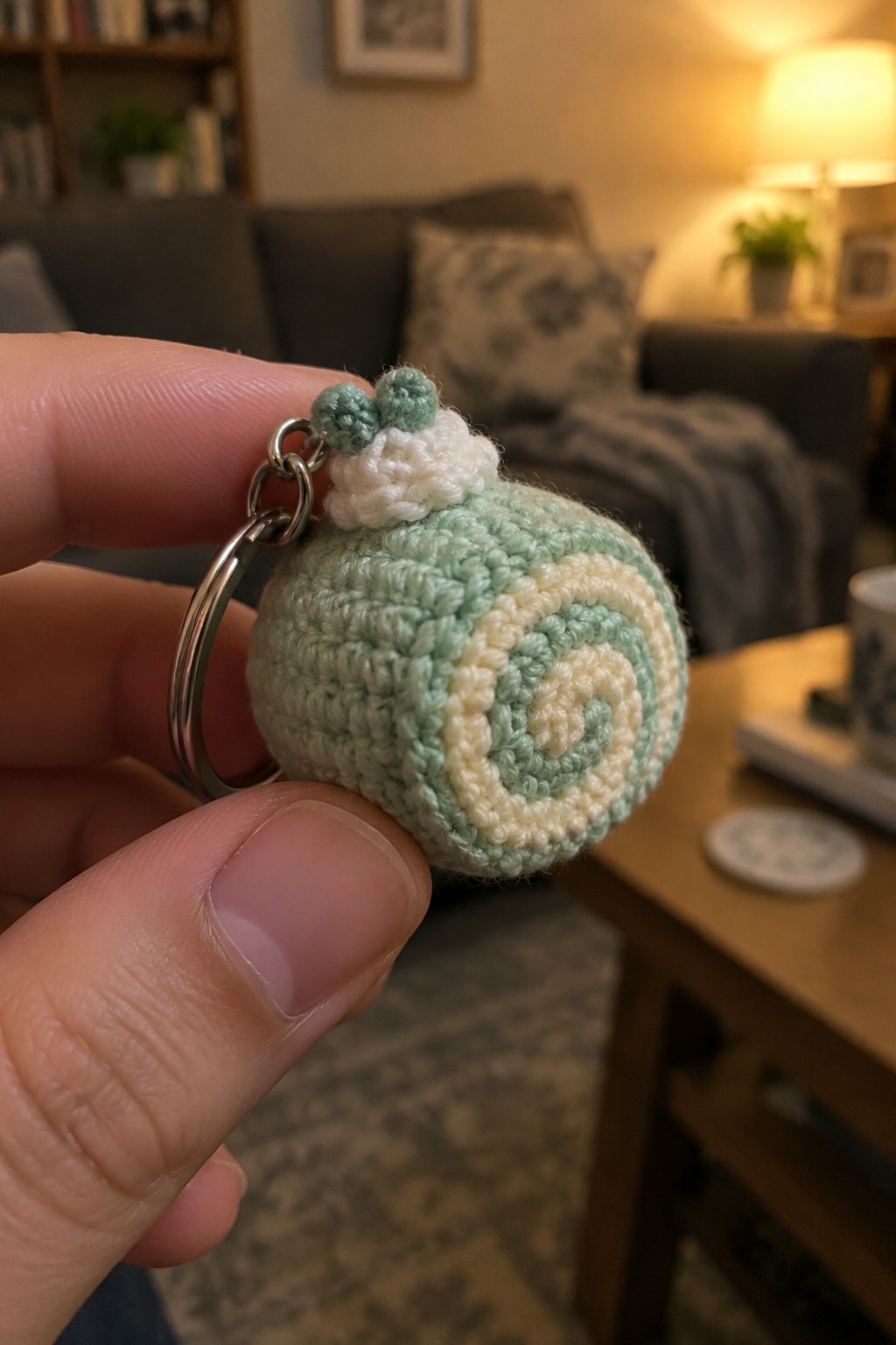 Hand holding mint green and white crocheted peppermint swirl ornament keychain with metal ring