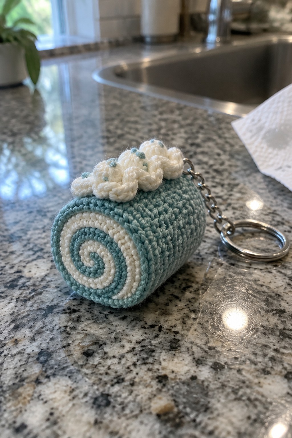 Blue and white crocheted roll keychain with white flowers on granite counter