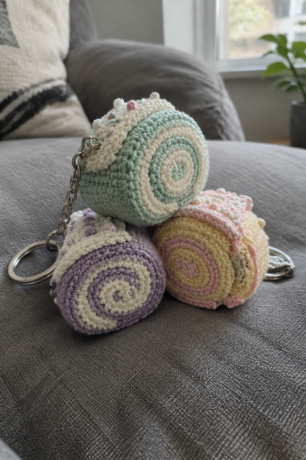 Three pastel crocheted snail keychains with flowers on a gray couch.