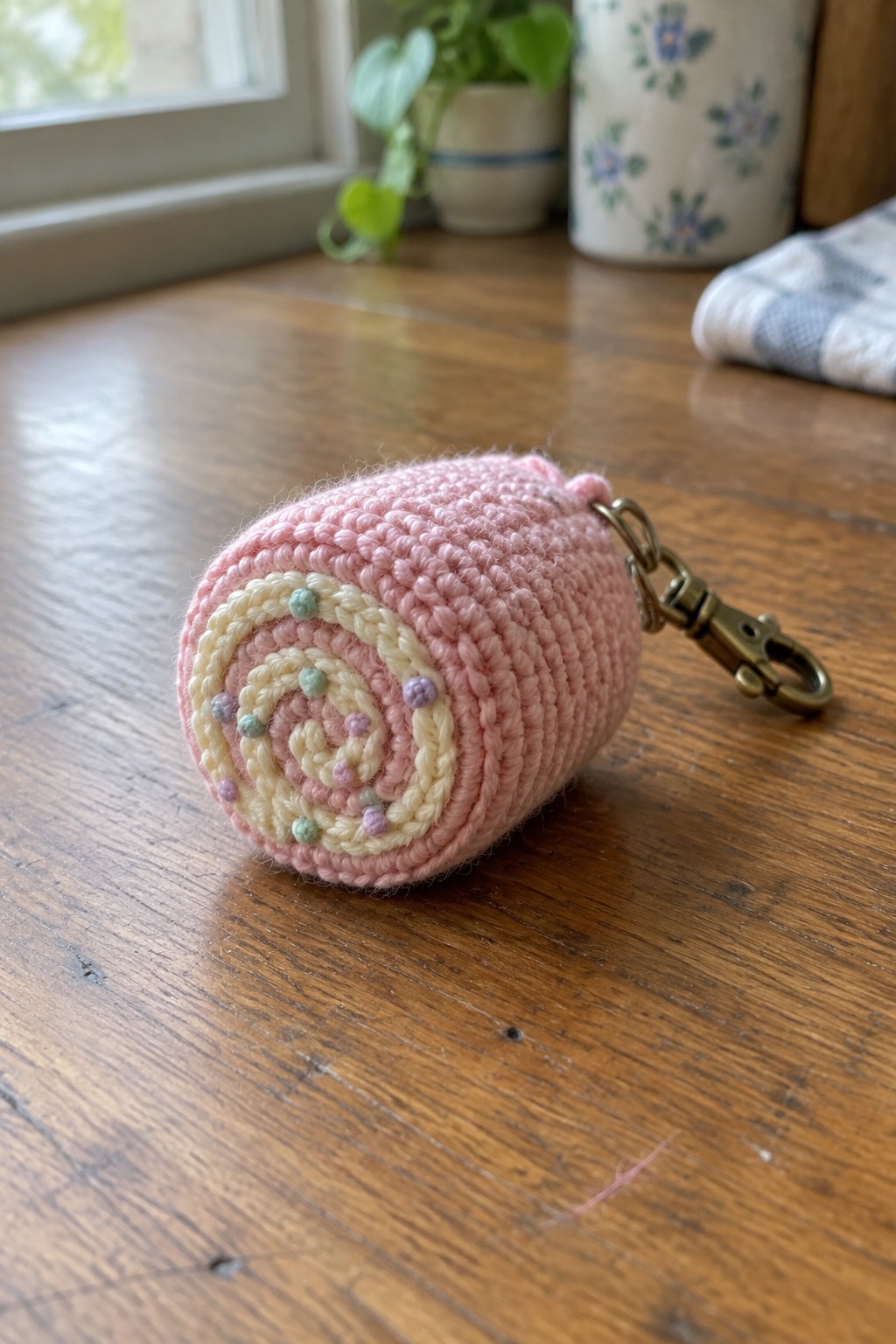 Pink crocheted Swiss roll keychain with pastel dots on wooden table