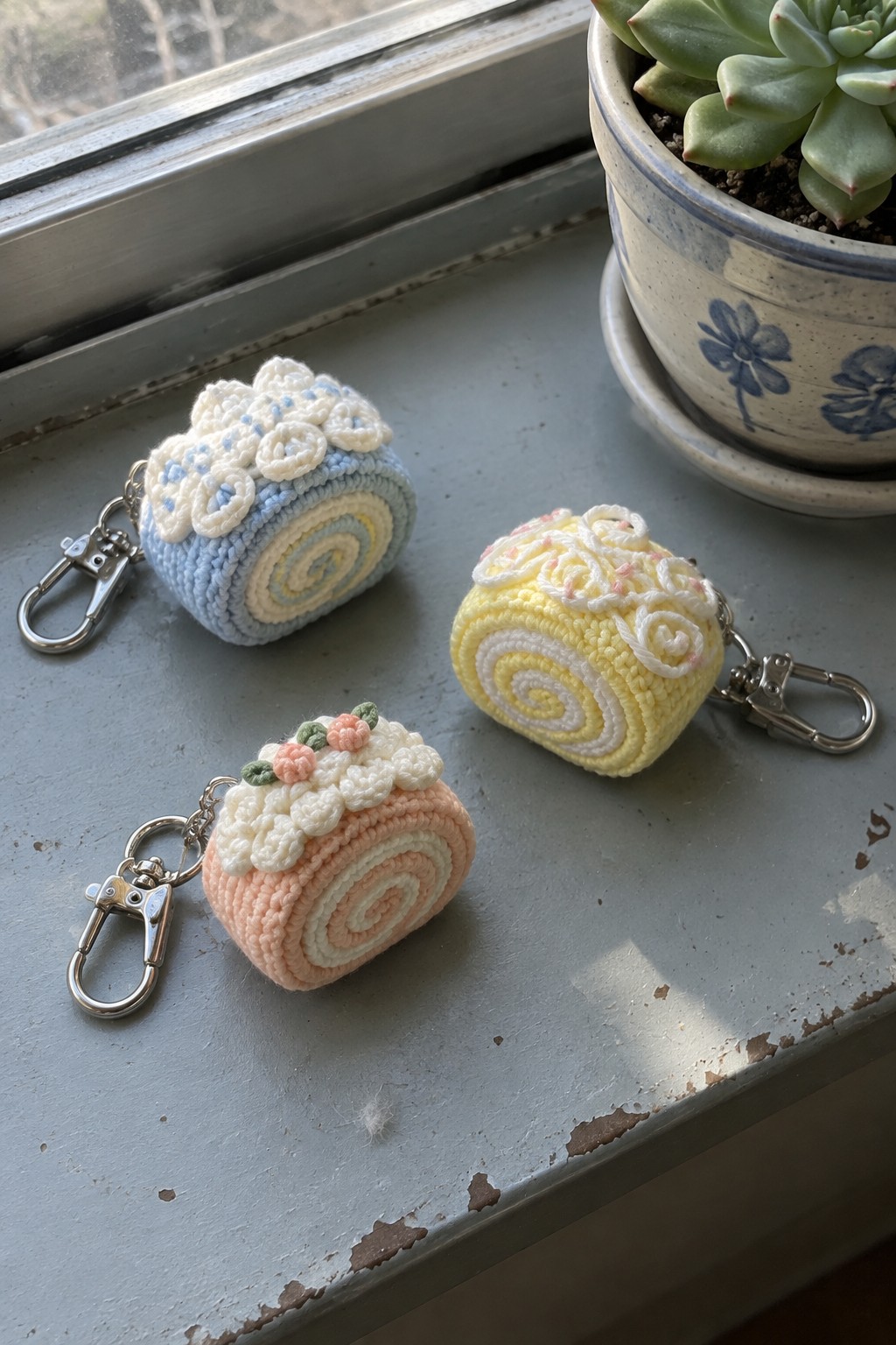 Three pastel crocheted cake roll keychains with flowers beside a potted succulent.