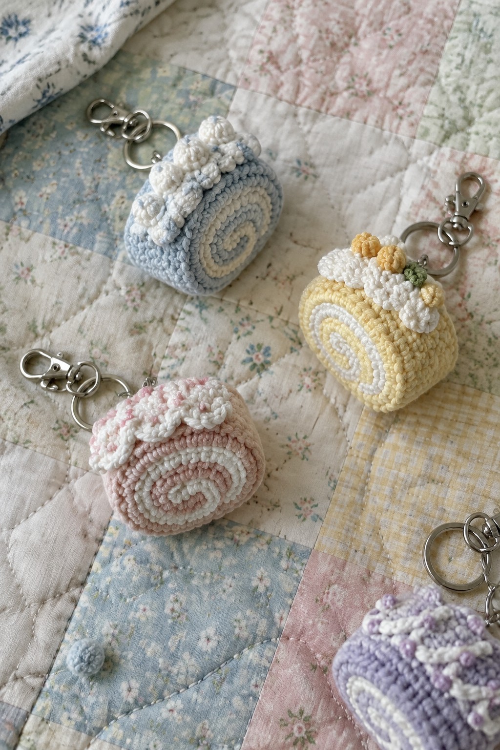 Four pastel crochet Swiss roll keychains in blue, yellow, pink, and purple displayed on a quilted blanket.