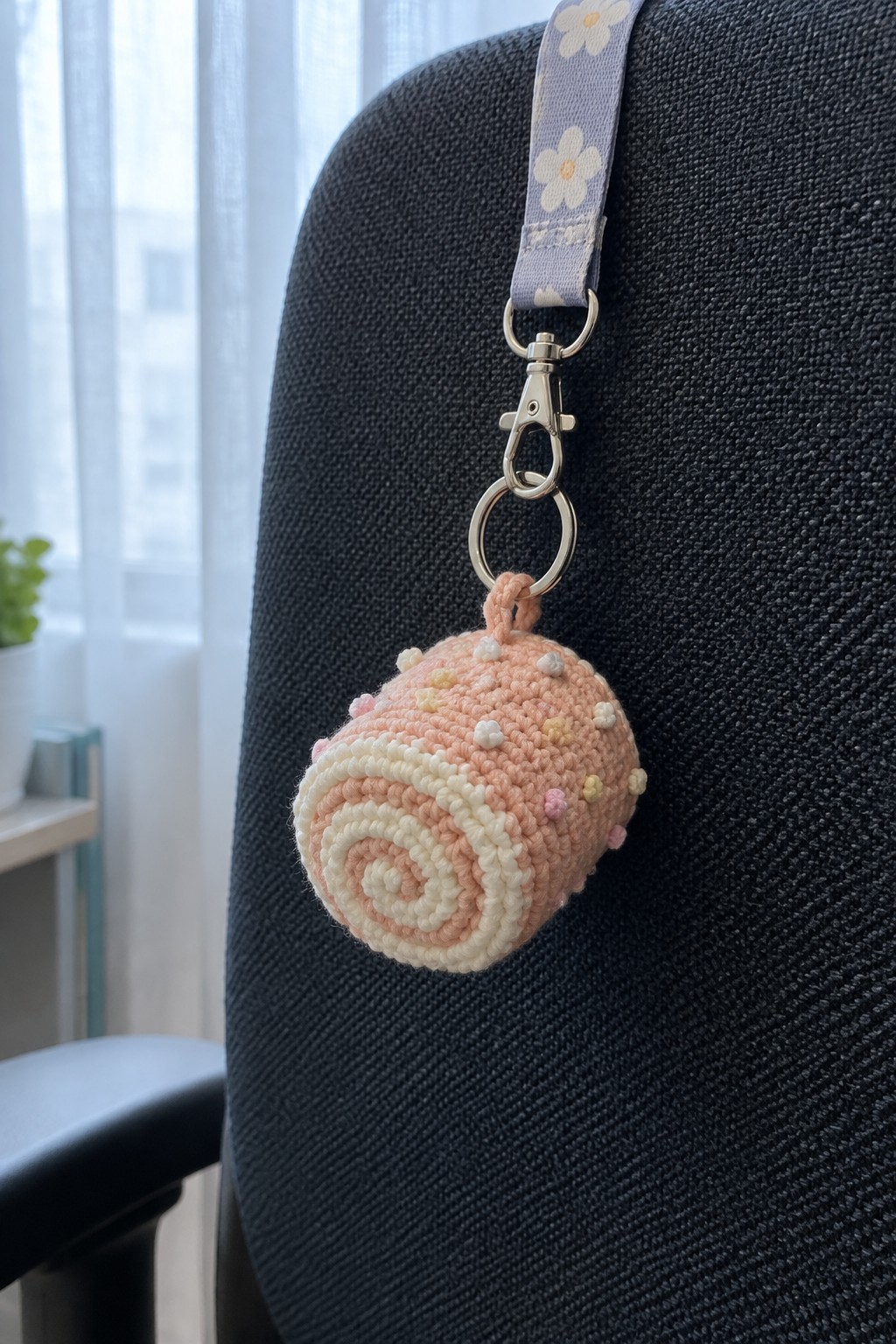 Pastel crocheted Swiss roll keychain on purple daisy strap against black chair