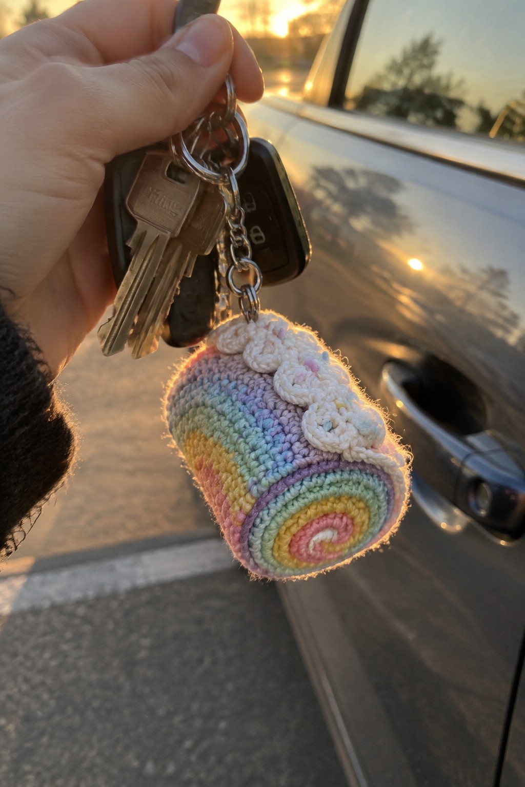 Hand holding rainbow crocheted cake roll keychain with car keys at sunset