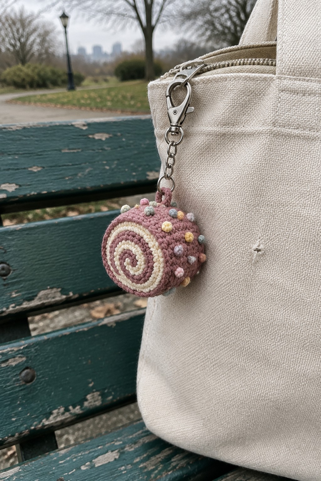 Crocheted pink swirl keychain with colorful dots on beige canvas tote bag