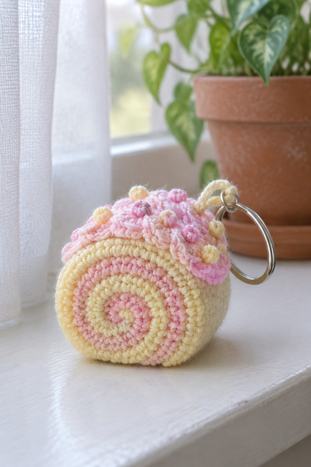 Crocheted pastel cinnamon roll keychain with metal ring on white windowsill