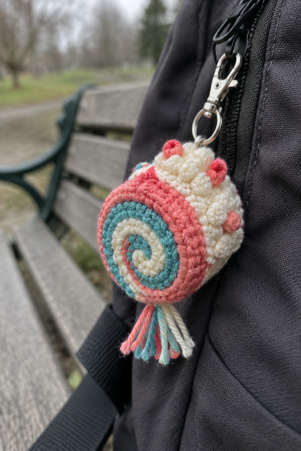 Crocheted pink, cream, and teal snail keychain clipped to black bag zipper