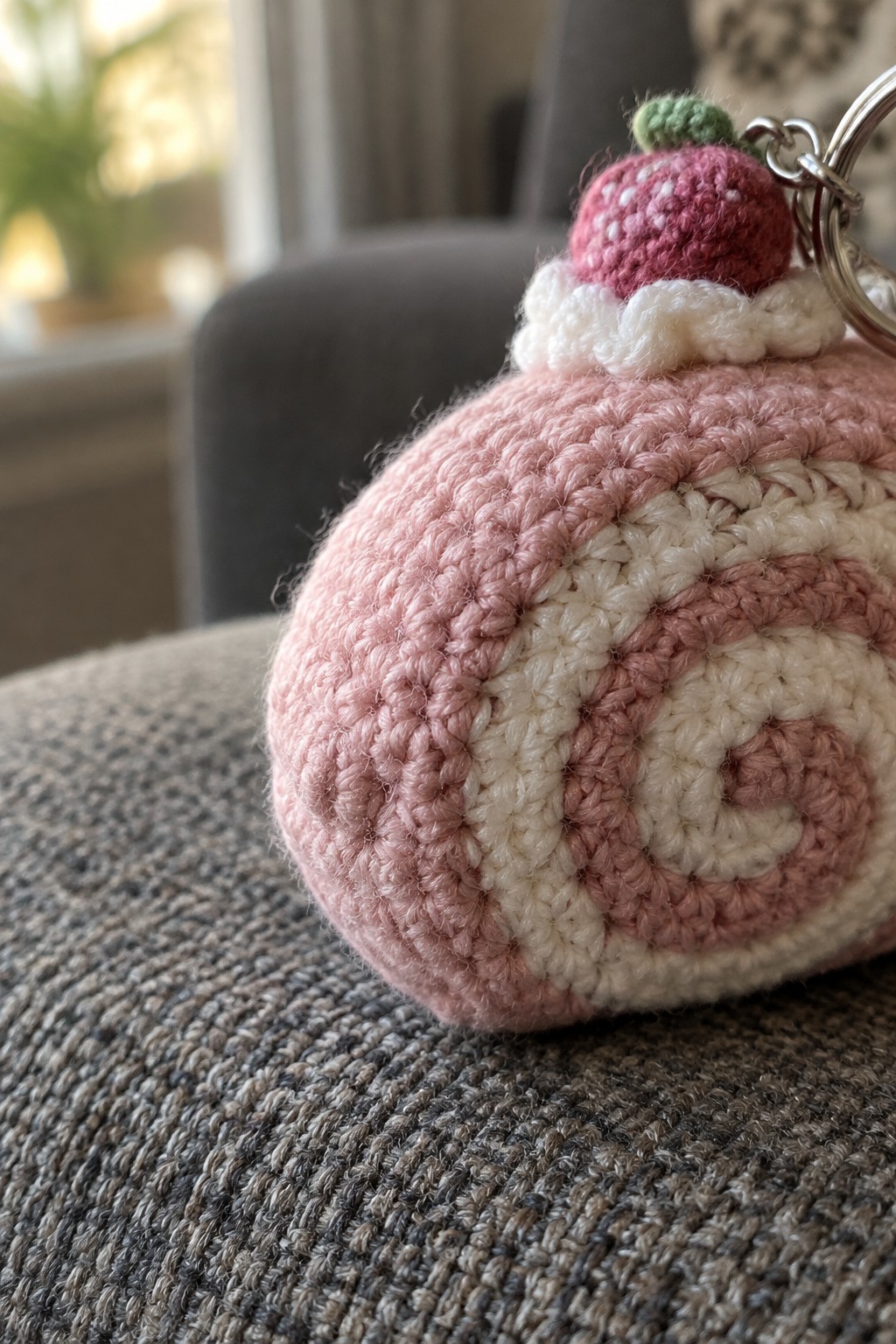 Pink and white crocheted swirl keychain with strawberry top on gray fabric