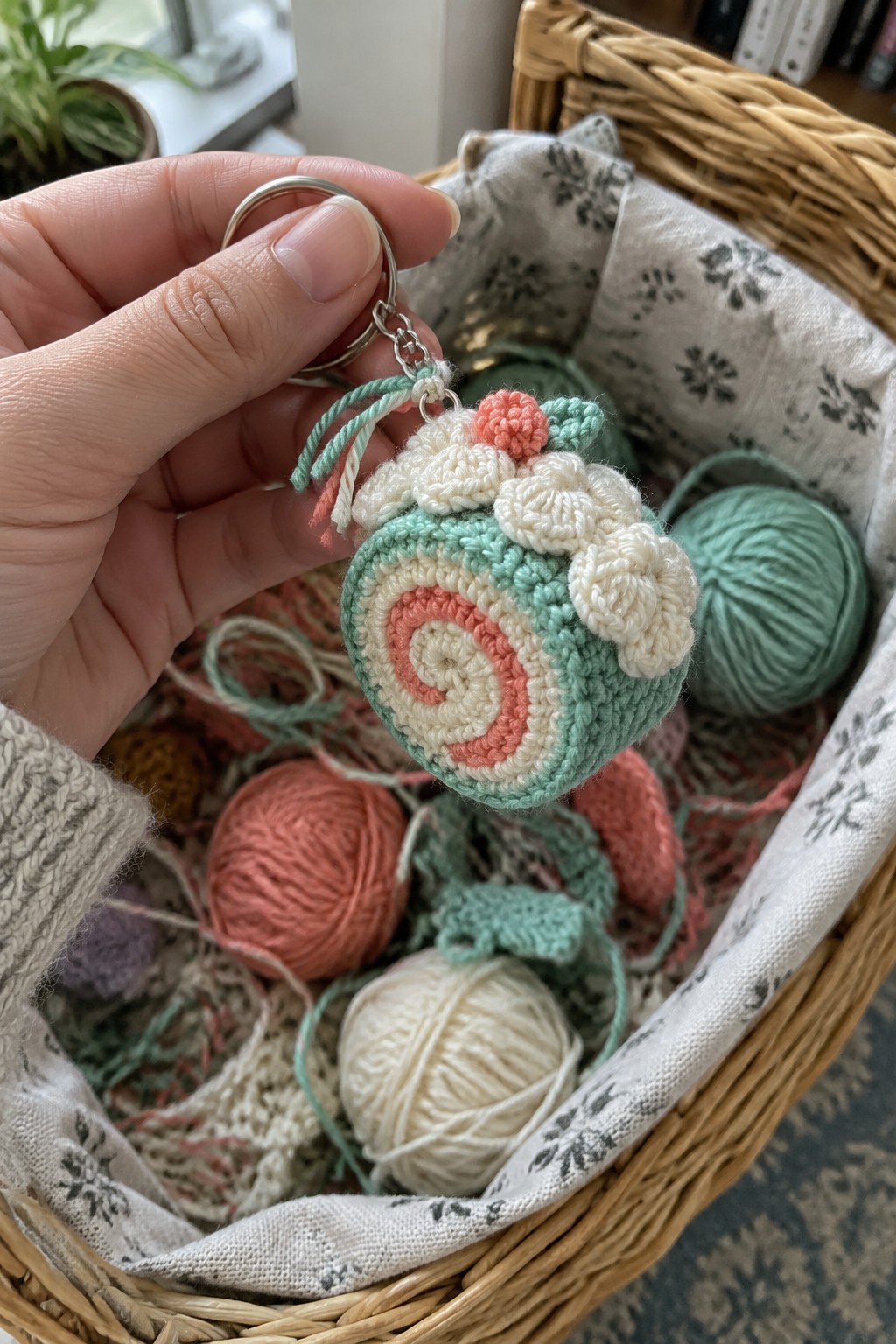 Hand holding crocheted keychain with pink swirls and flowers over yarn-filled basket