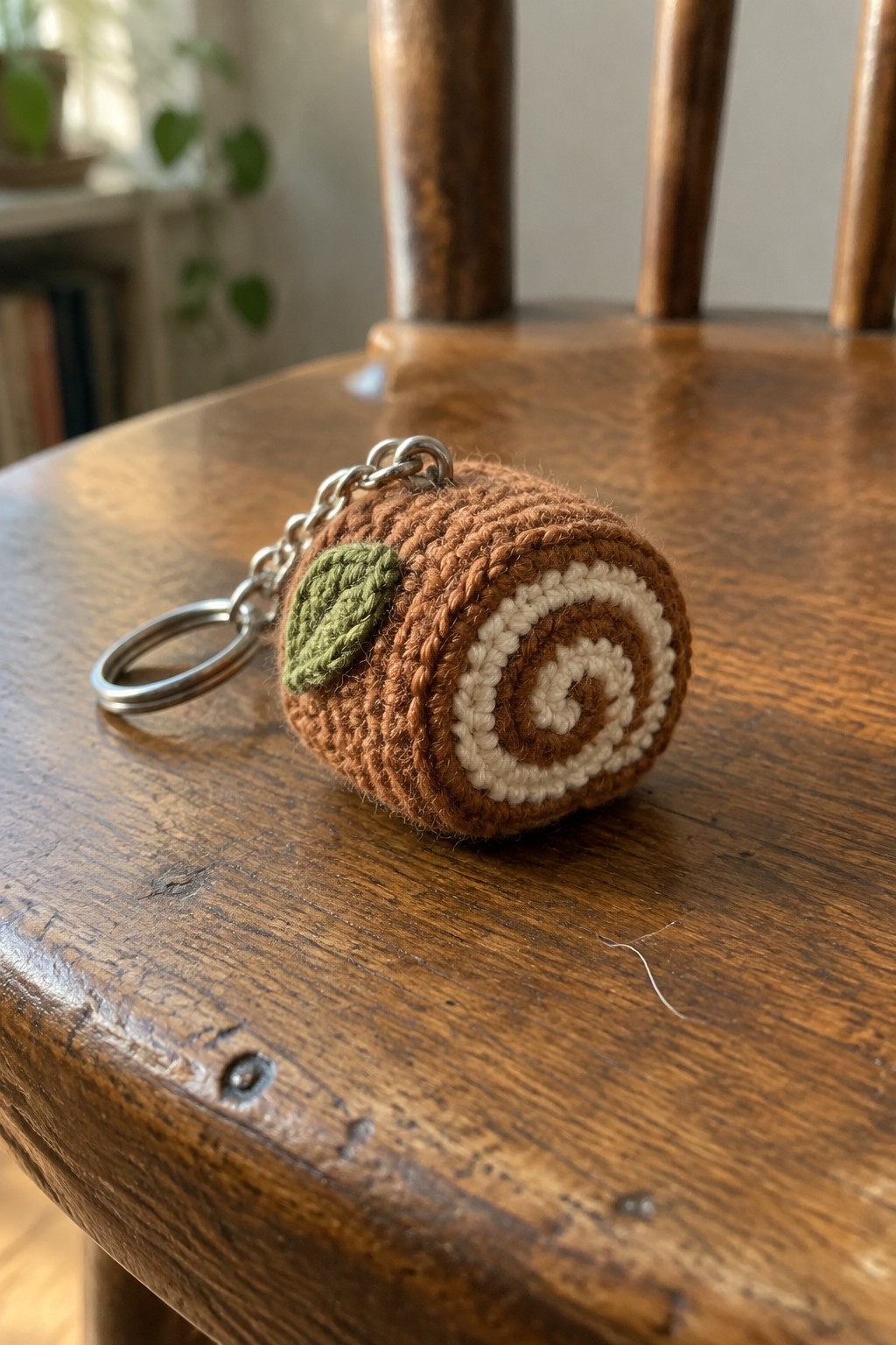 Crocheted cinnamon roll keychain with brown swirls and green leaf on wooden table