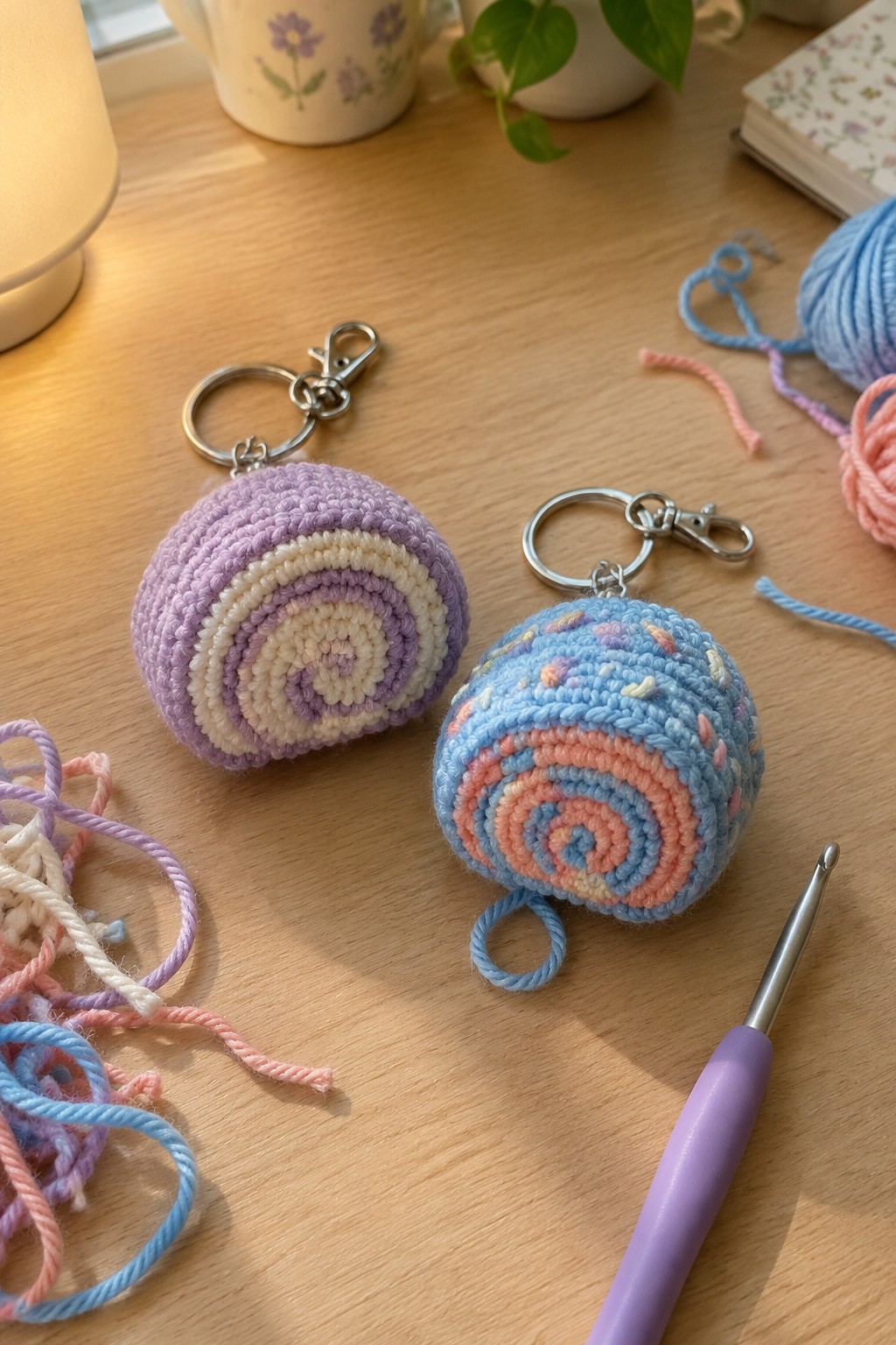 Two pastel crocheted spiral keychains with yarn and hook on wooden table