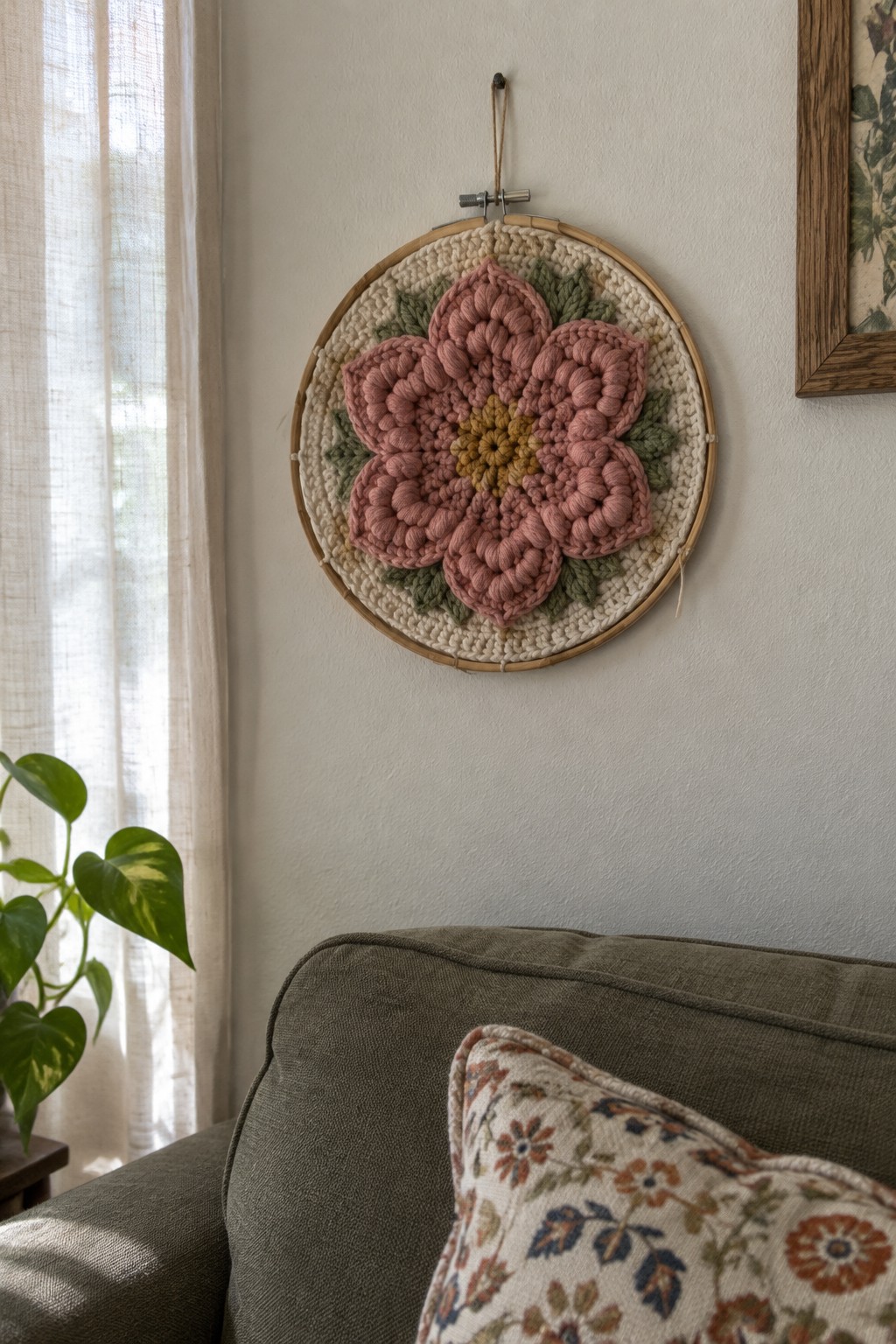 Pink crocheted flower in wooden hoop above green couch with floral pillow
