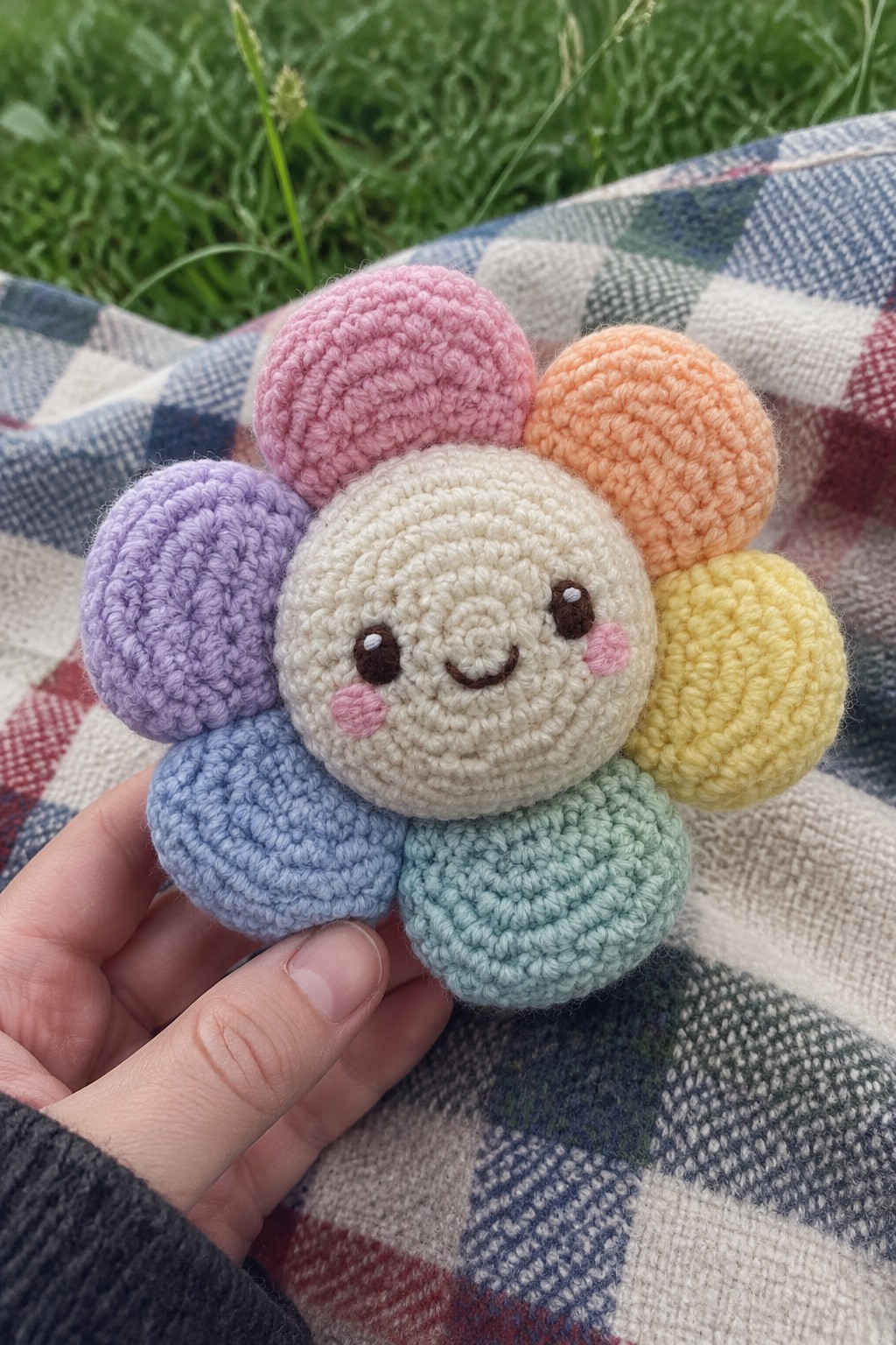 Hand holding rainbow crocheted flower plush with smiling face on plaid blanket