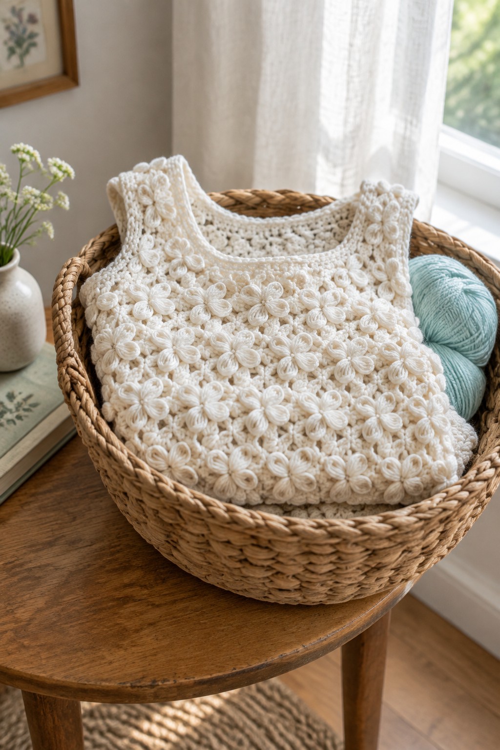 White crocheted floral top in wicker basket with blue yarn on wooden table