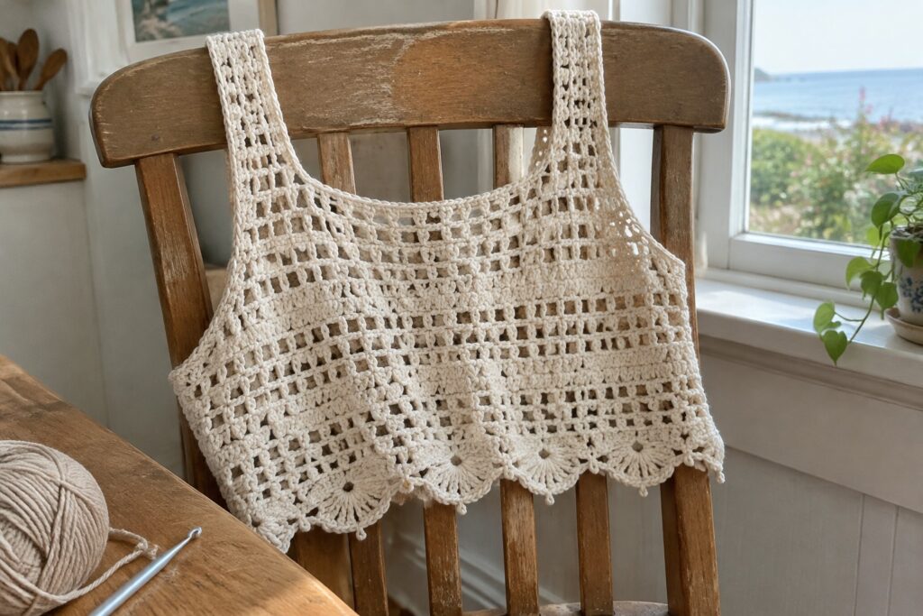 Cream crocheted mesh bag draped over wooden chair with yarn and hook nearby