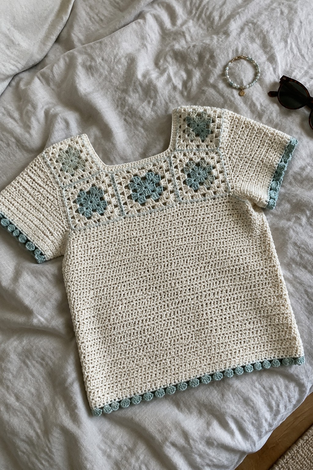 White crocheted blouse with blue granny squares and scalloped trim on linen