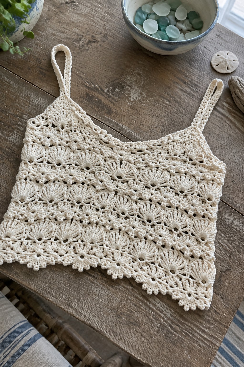 Cream crocheted lace camisole on rustic wood with sea glass bowl and shells