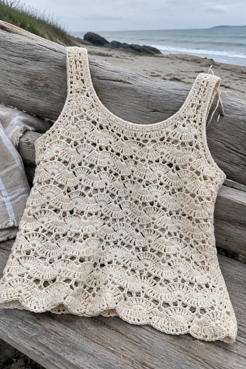 Cream crocheted lace tank top draped over driftwood on sandy beach