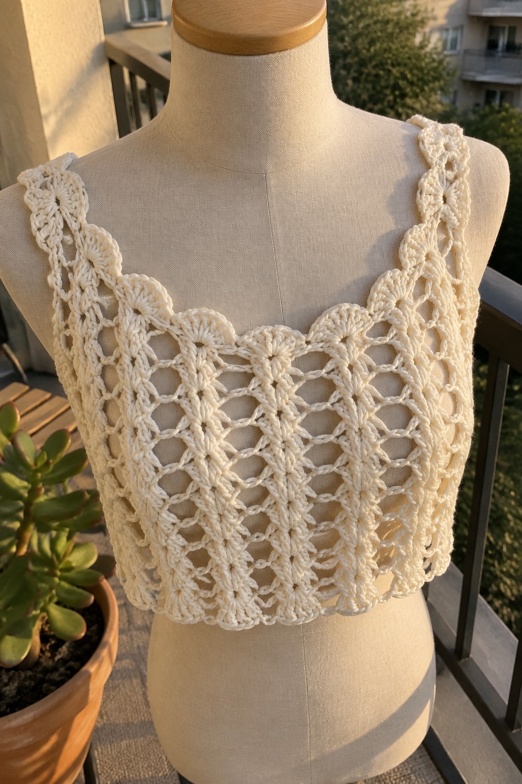 White crocheted lace crop top on beige mannequin bust outdoors with plant.