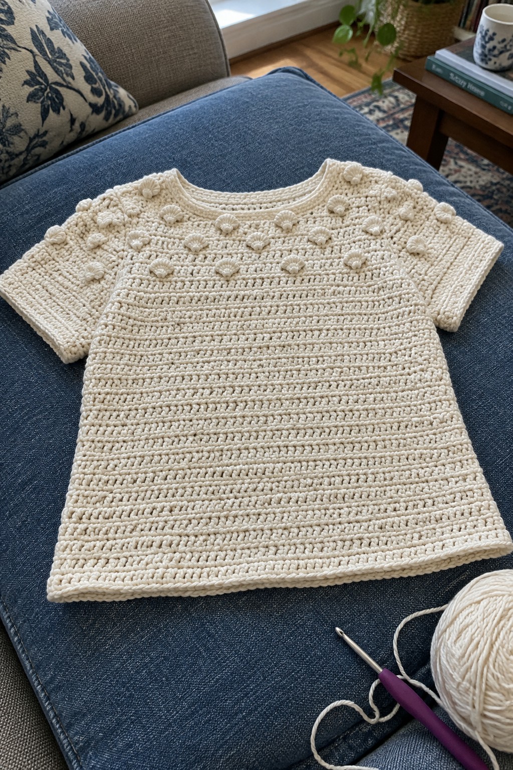 Cream crocheted child's sweater with shell yoke on blue fabric beside yarn and hook