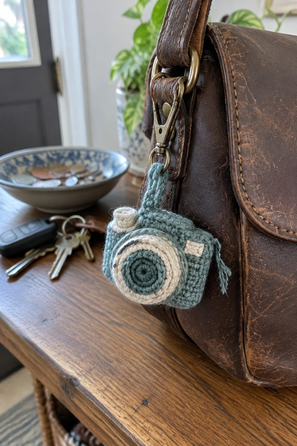 Crocheted teal camera keychain dangling from brown leather handbag on wooden table