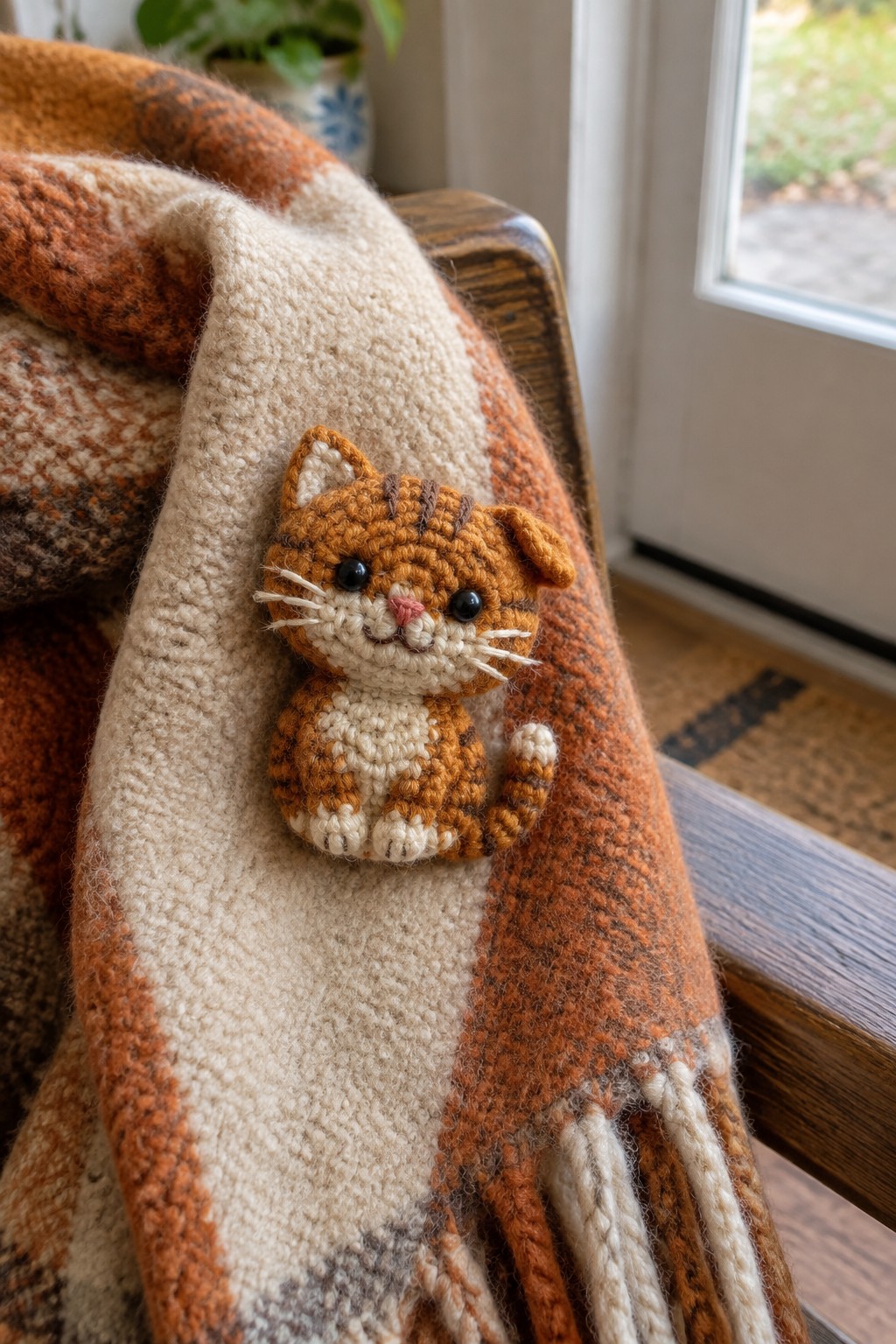 Crocheted orange tabby cat on fringed plaid blanket over wooden bench