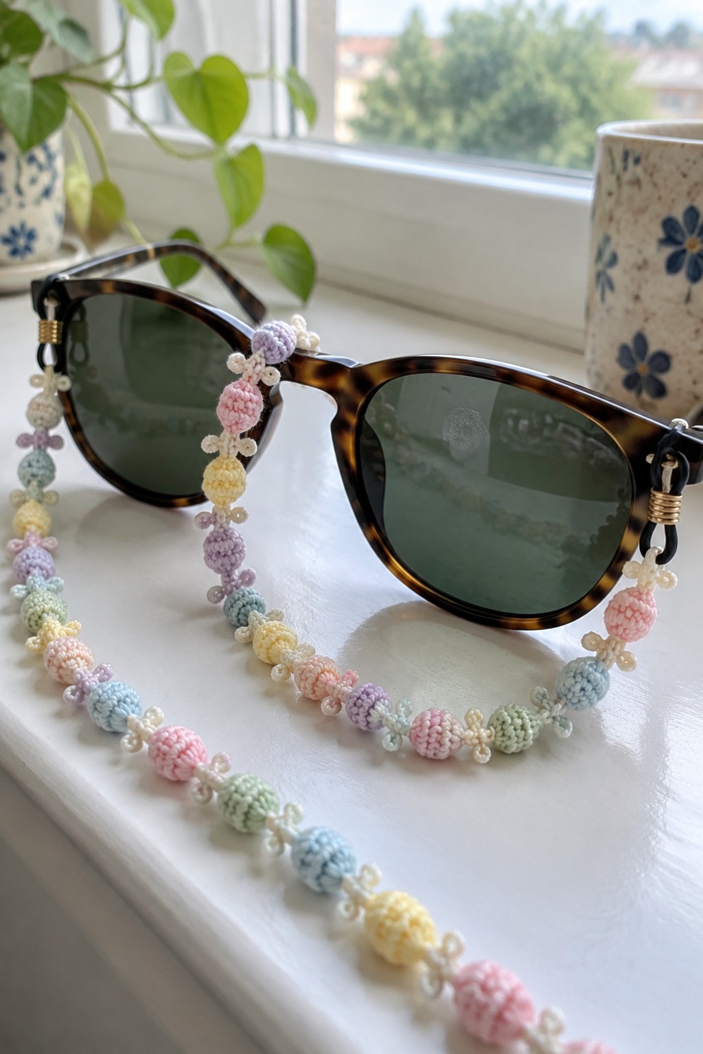 Tortoiseshell sunglasses with pastel crocheted beaded flower chain on white ledge