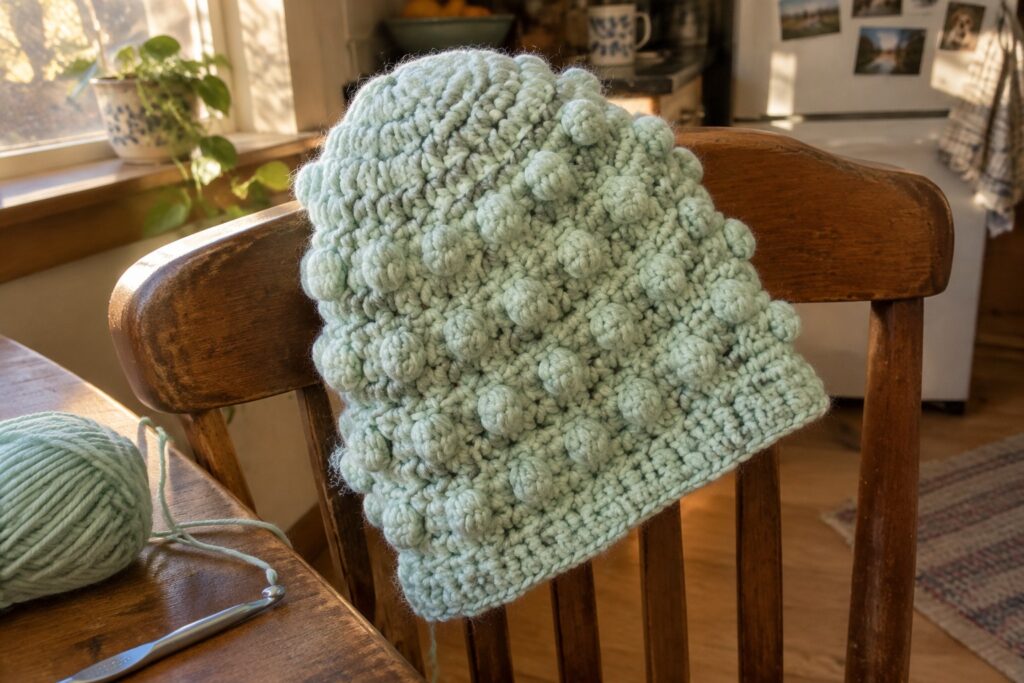 22 Creative Crochet Accessories for Everyday Outfits Light mint crocheted bobble hat on wooden chair with yarn and hook