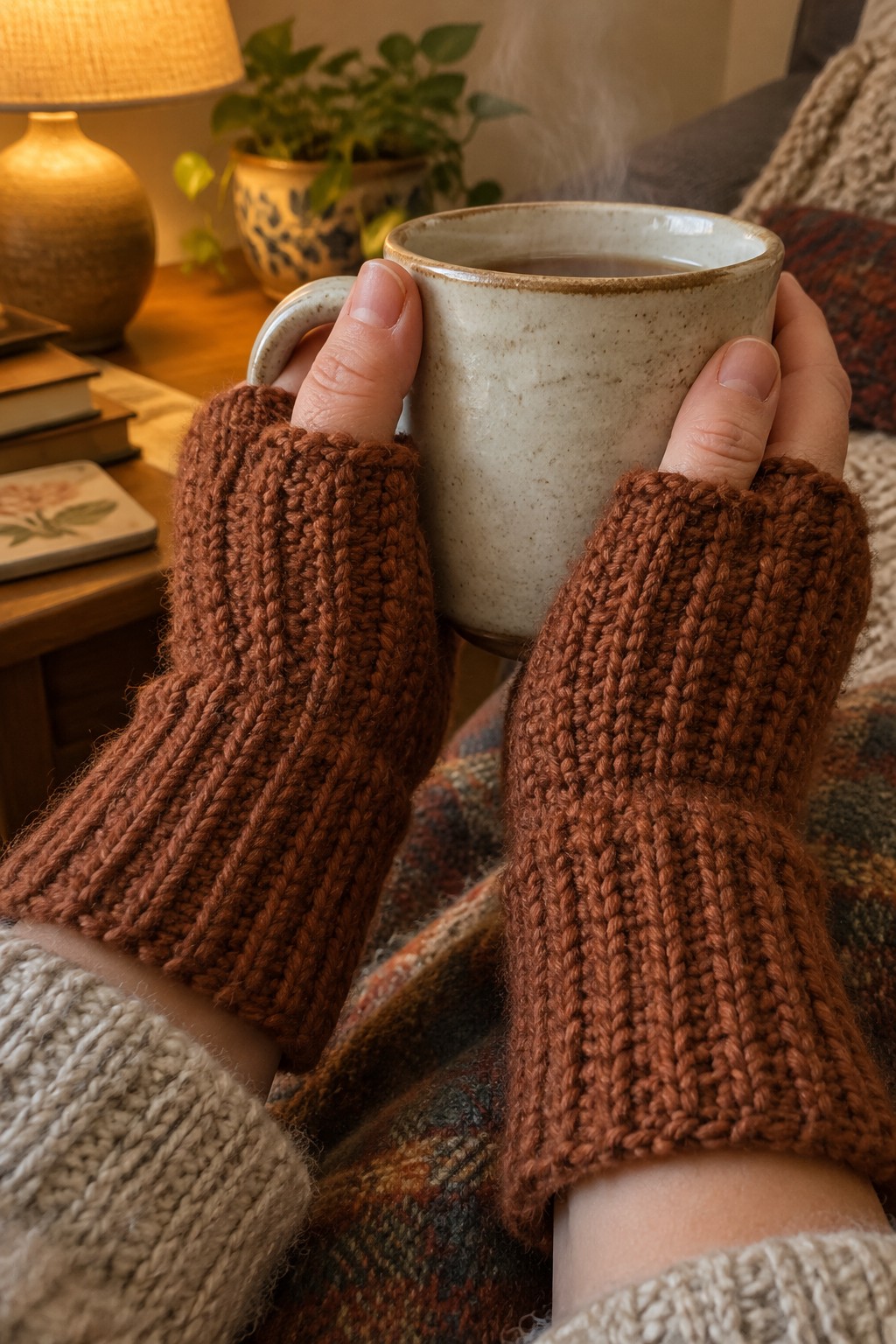 Hands in brown knitted fingerless gloves holding a steaming ceramic mug