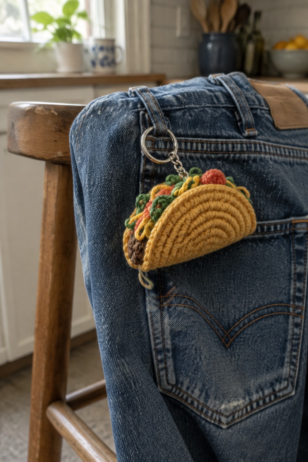 Crocheted taco keychain on metal ring clipped to blue denim jeans belt loop
